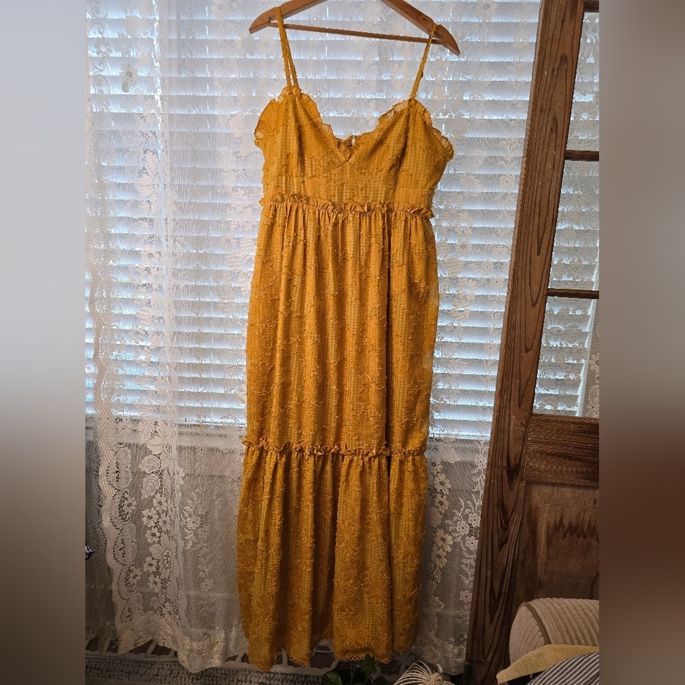 Lulus Mustard Sun Dress, Embroidered Summer Dress, Gold Floral Dress